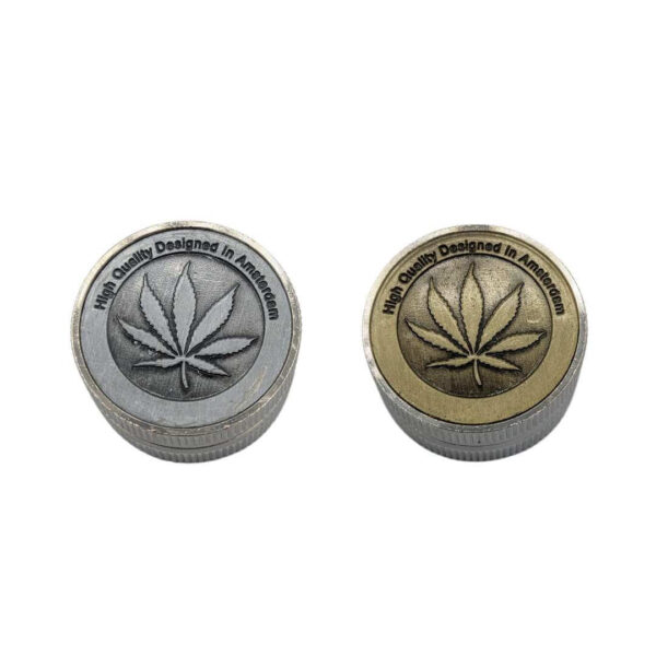 Grinder Zinc 30 mm | 2 Partes | Diseño Hojita Amsterdam Plata y Dorado