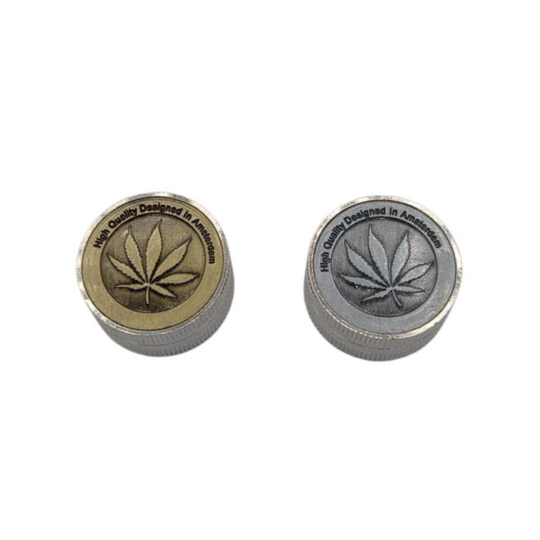 Grinder Zinc 30 mm | 2 Partes | Diseño Hojita Amsterdam Plata y Dorado - Imagen 2