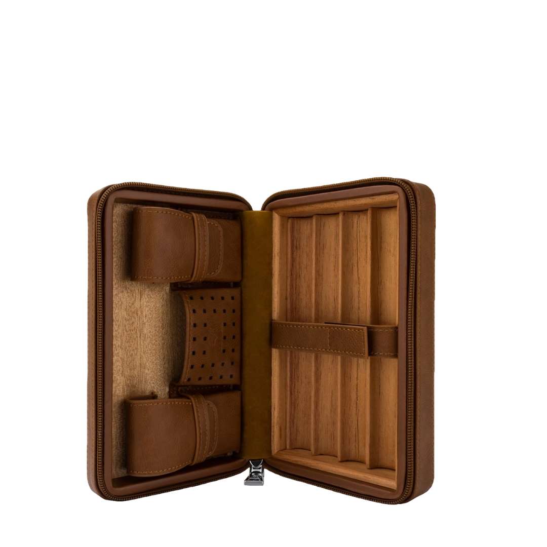 Porta Habanos Portátil de Cuero con Cedro + Soplete y Corta Puros